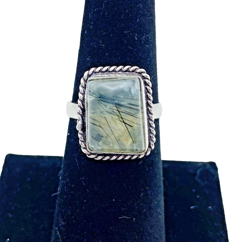Black Rutilated Green Quartz Silver Vermeil Plated Ring Size 7.5 Rope Detail